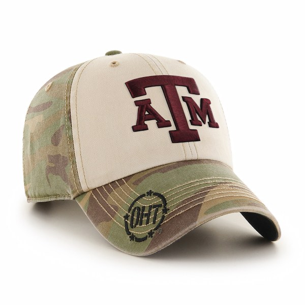 Tan and camouflage baseball cap with A&M Logo on front and OHT logo on bill