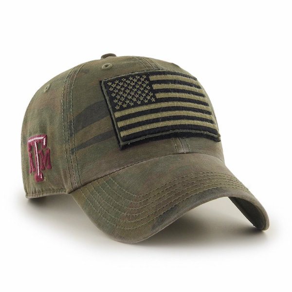 Camouflage baseball cap with US flag on front and A&M Logo on side
